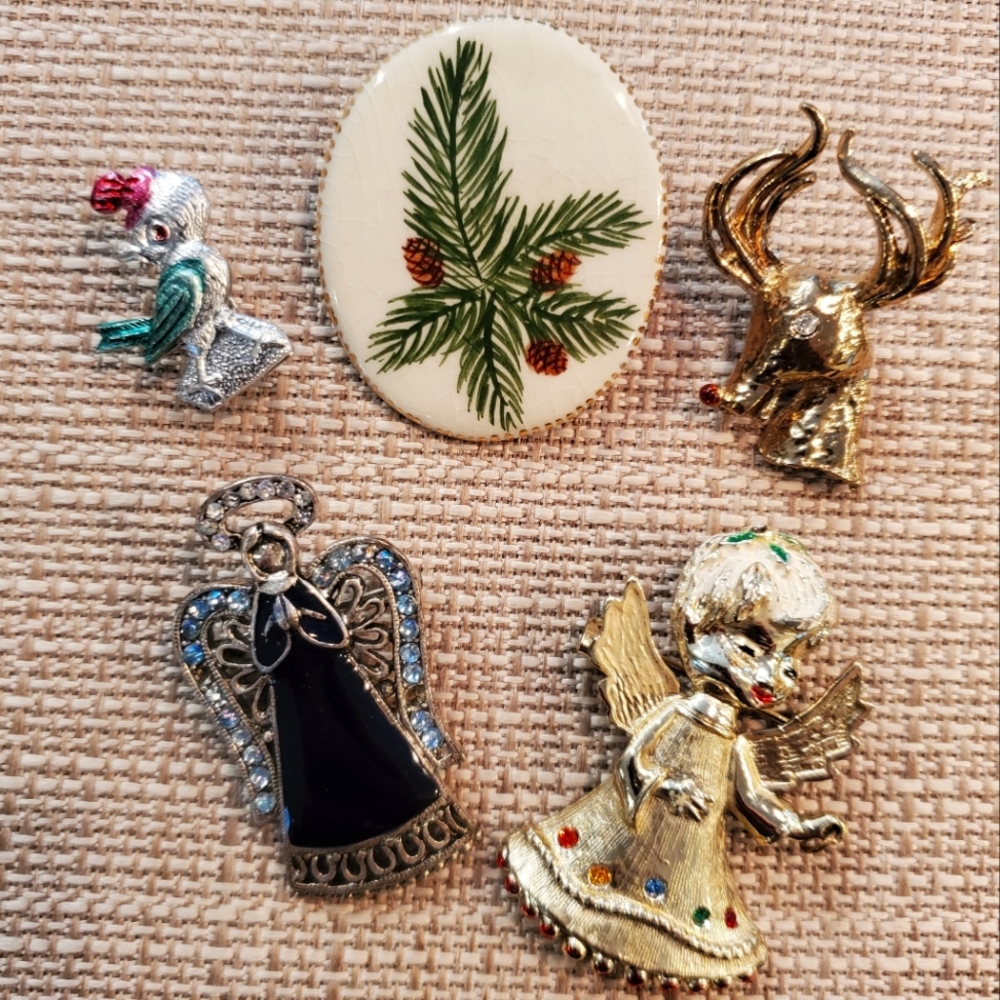 Five Vintage Christmas Brooches (Angels, Rudolph, Bird And Pine Branch)